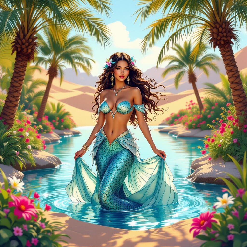 Mermaid Lost in Desert Oasis: Dreamy Ethereal Art