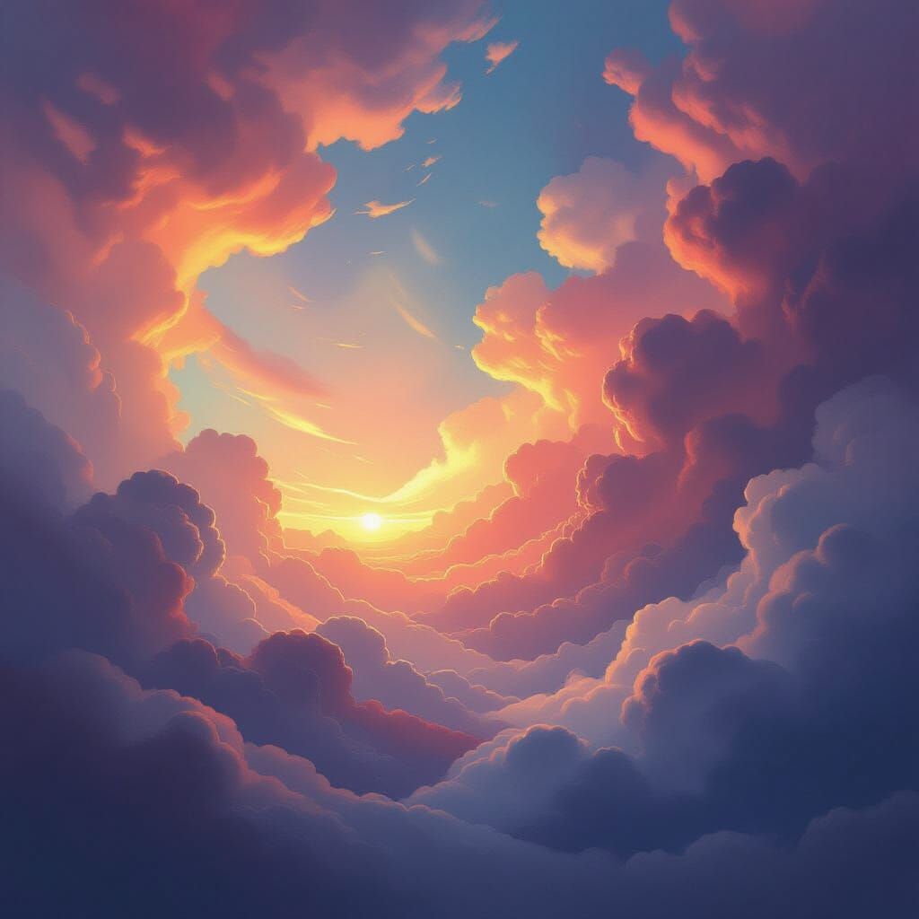 Dreamlike Scene with Swirling Clouds in Surrealist Style