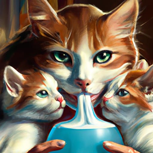 House Cat and Kittens Portrait in Artgerm Style