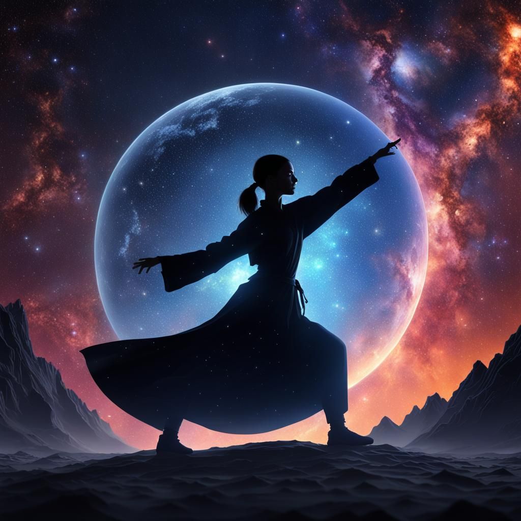 Tai Chi Silhouette Against Milky Way Galaxy