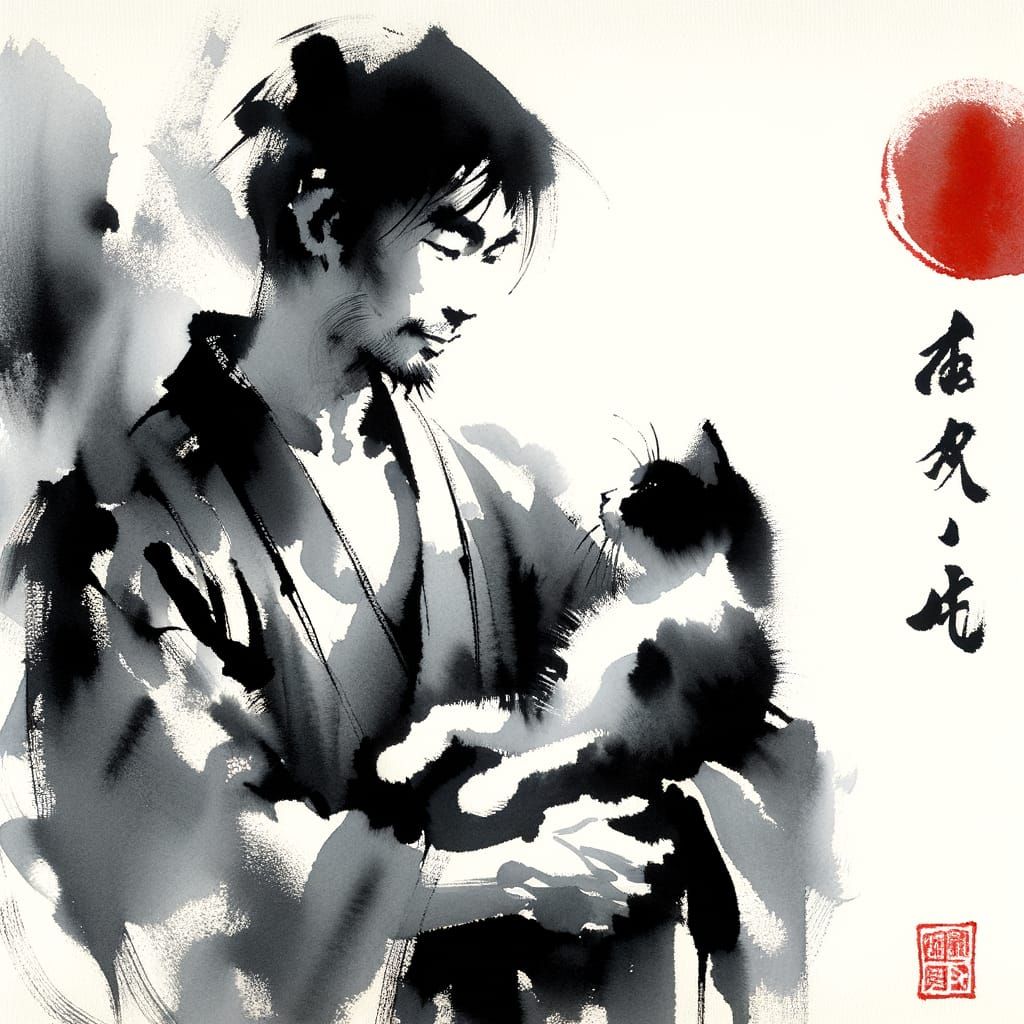 Sumi-e Ink Painting of Man and Cat
