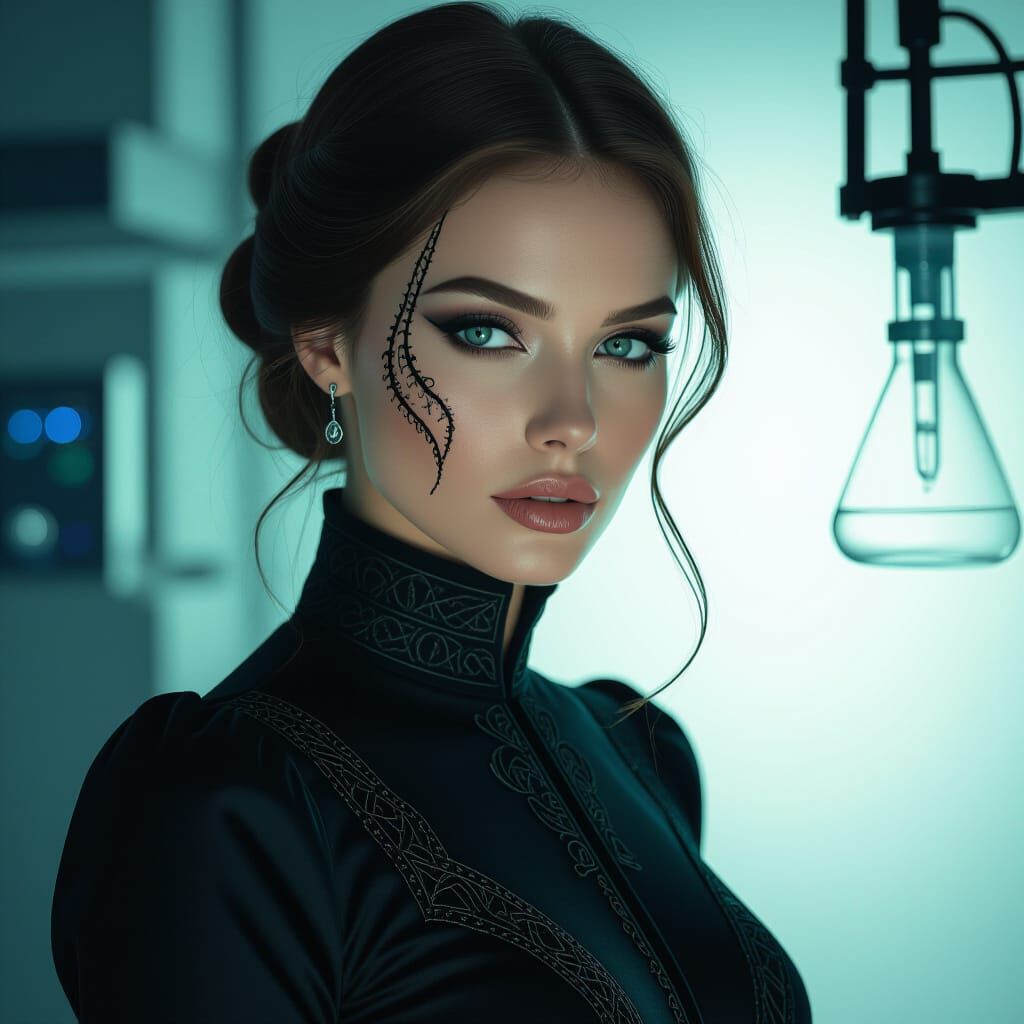 Elegant Frankenstein Woman in Dimly Lit Laboratory