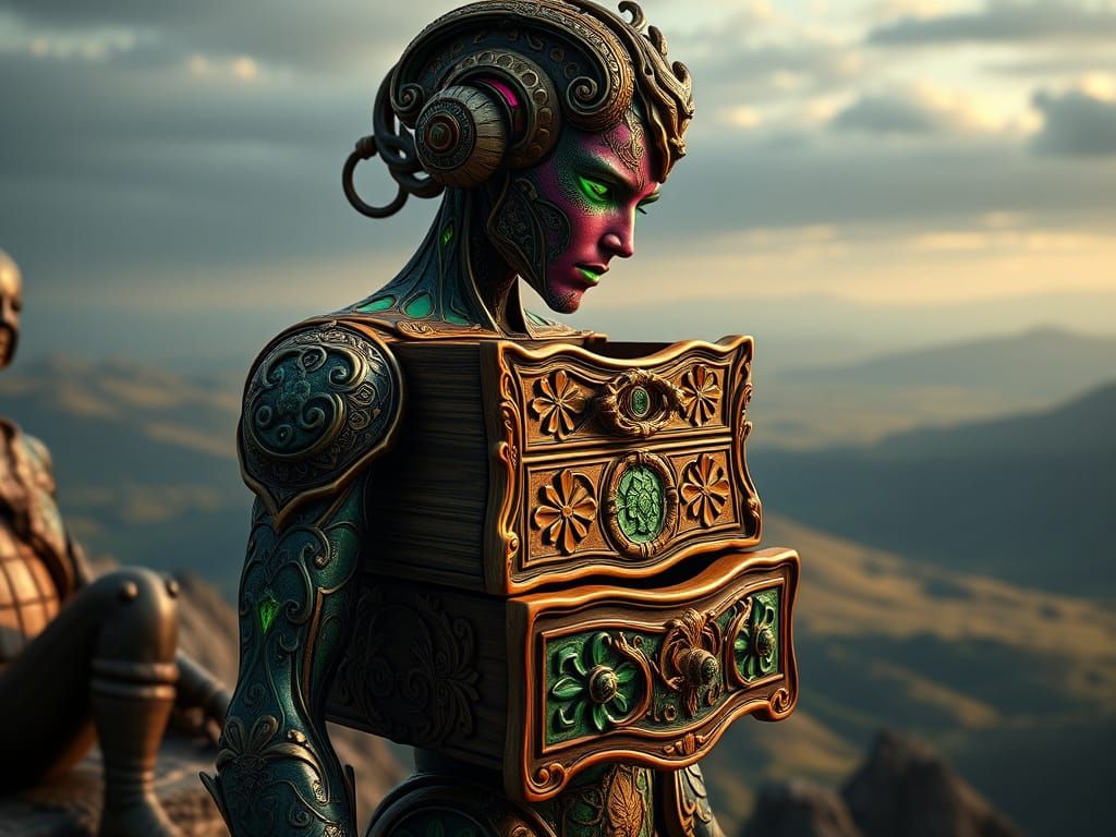 Ethereal Drawer Humanoid in Rich, Muted Tones with Vibrant A...