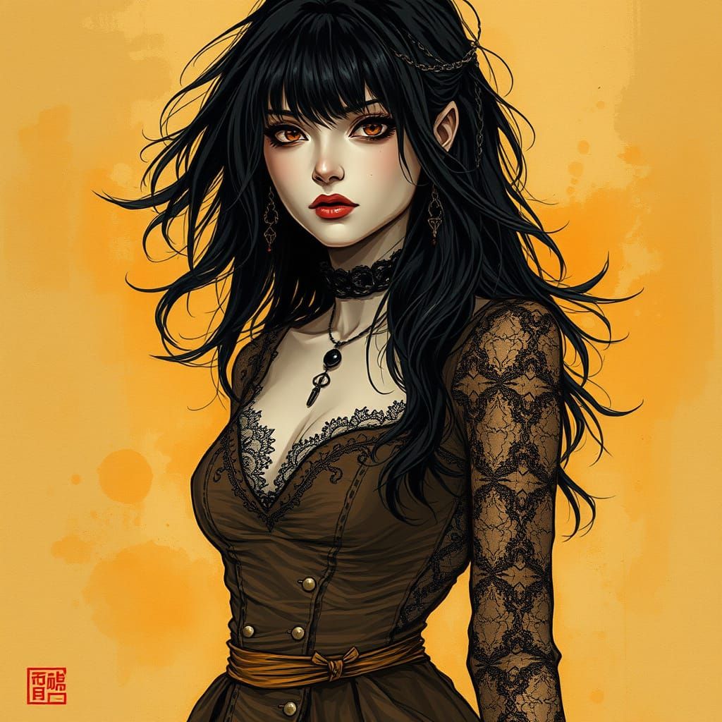 Goth Punk Woman in Mystical Realm, Ink Painting Style