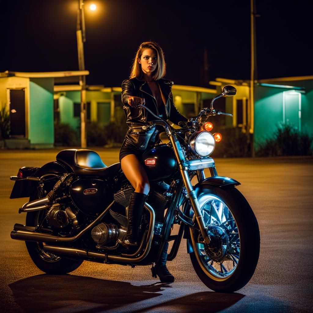 Neon Night: Motorbike Rider at Roadside Motel