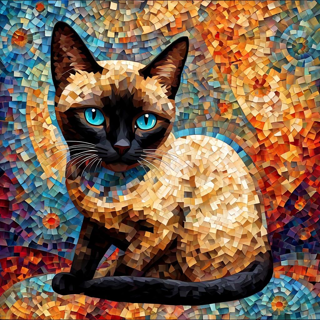 Burmese Cat in Neo-Impressionist Mosaic Patchwork