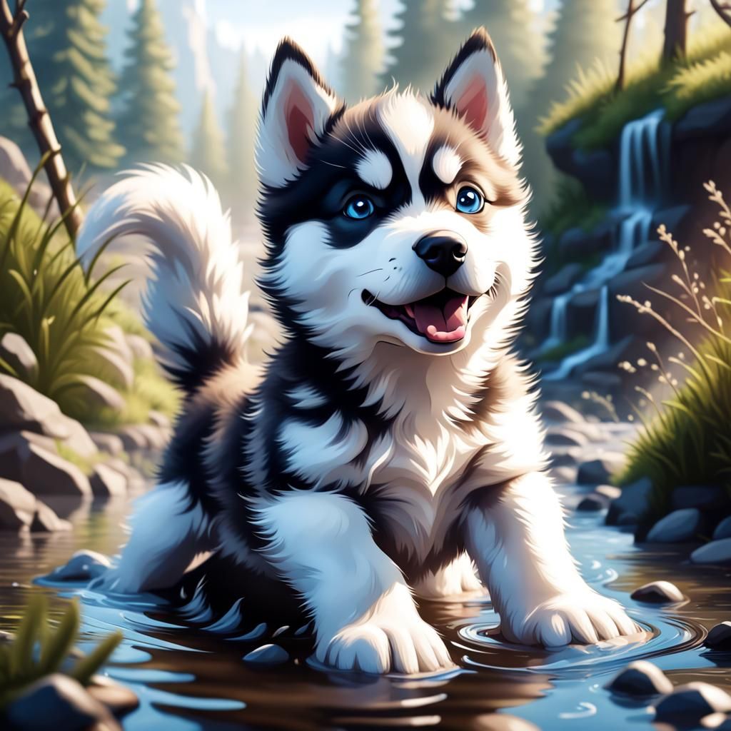 Cute Husky Puppy in Creek: Matte Painting