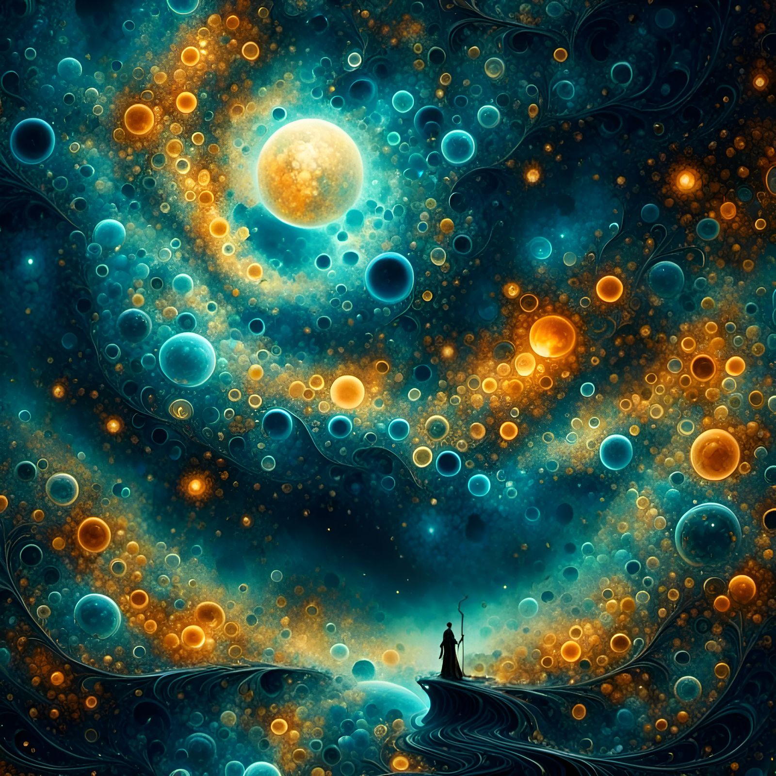 Angel Silhouette Against Moon in Impasto Landscape