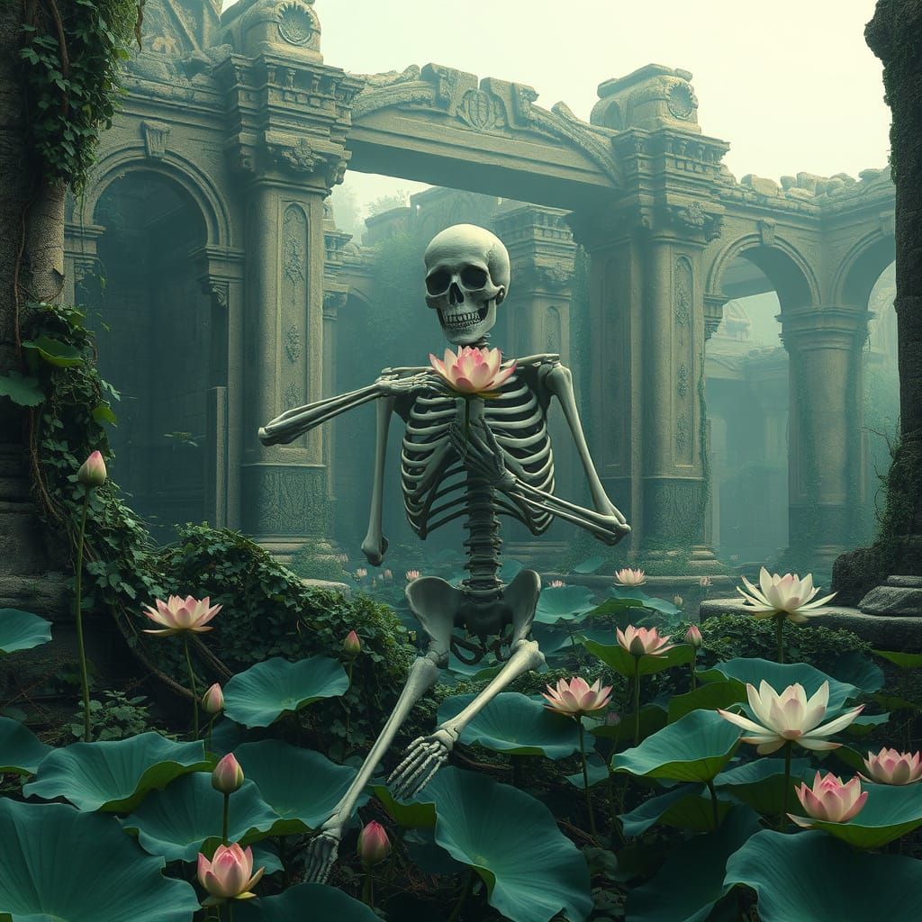 Surreal Skeleton Amidst Serene Decay, Rebirth in Digital Art