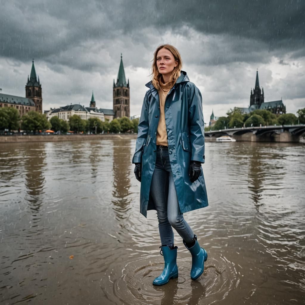 Rainy Day in Cologne: Woman on Rhine Promenade