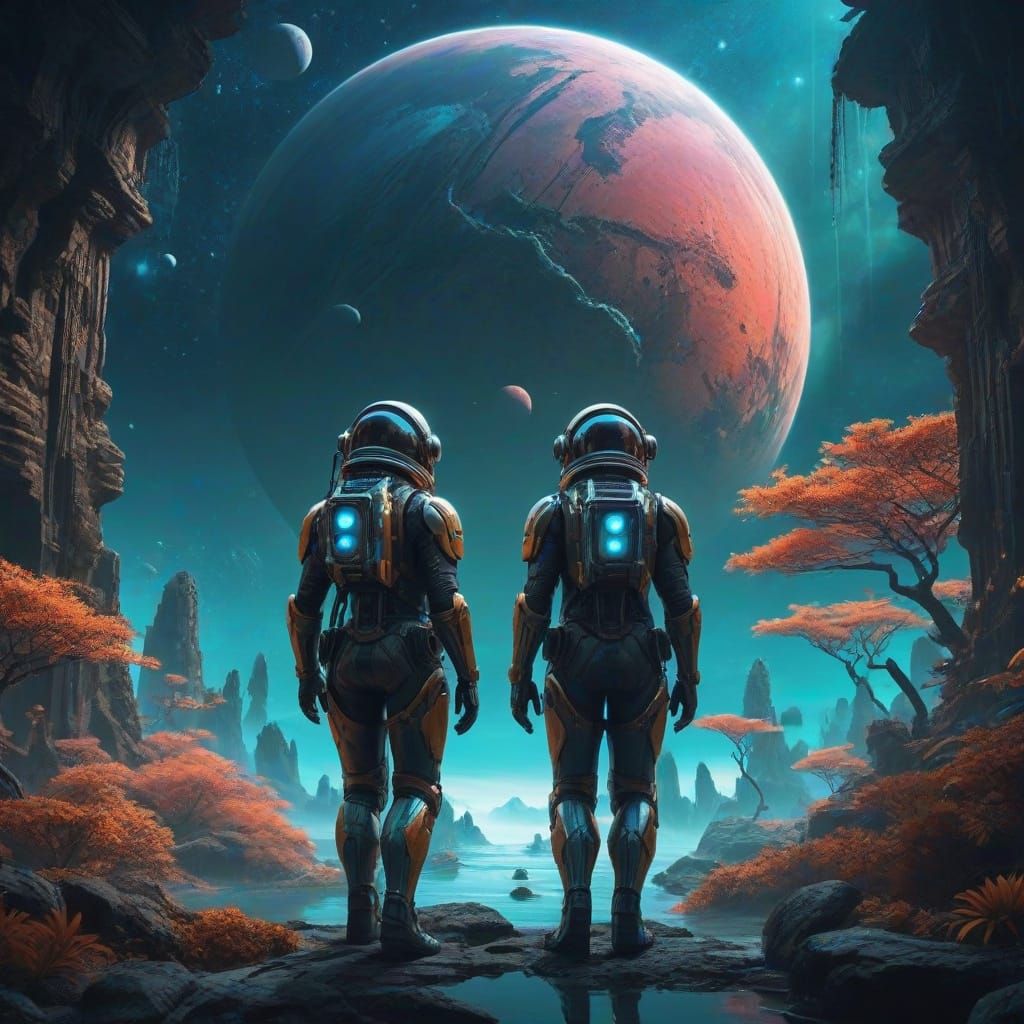 Enchanted Cosmic Planet with Ancient Ruins and Futuristic Ex...