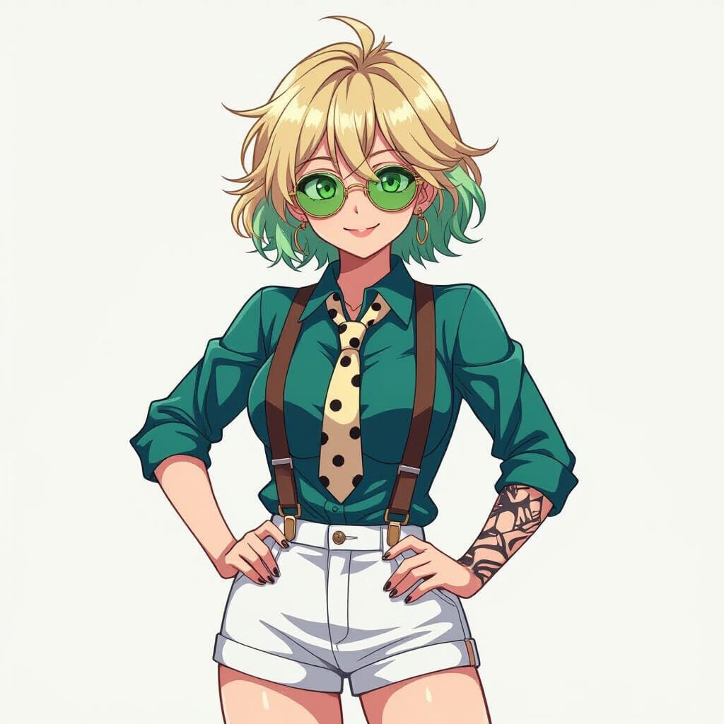 Anime Girl with Green Tinted Hair and Suspenders