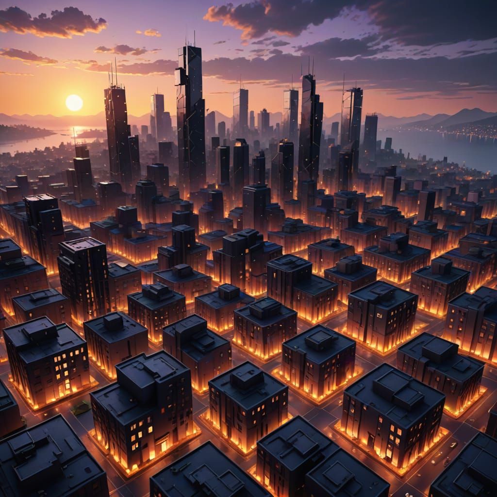 Vibrant Low Poly Cityscape at Sunset