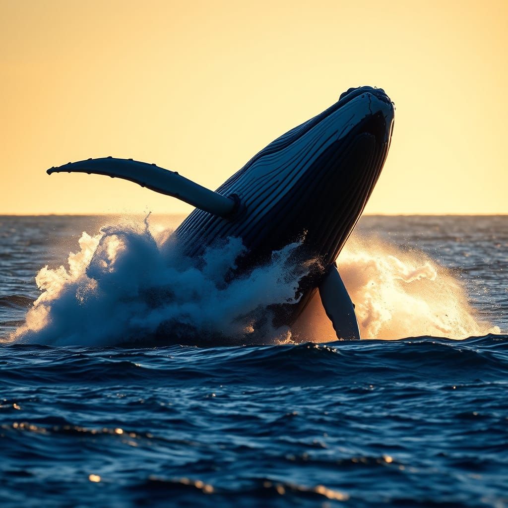 Great Blue Whale Breaches Ocean Surface in Golden Hour