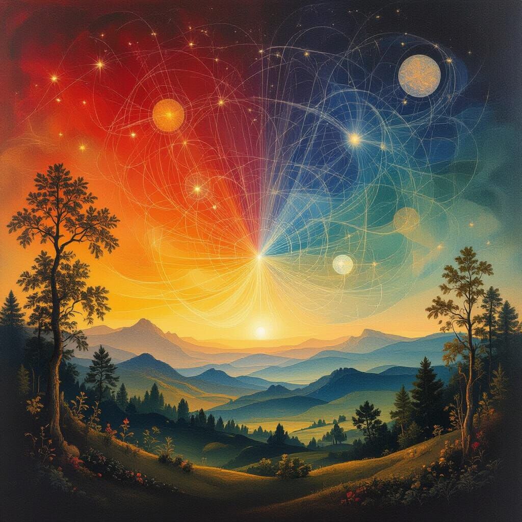 Symbolic Landscape Revealing Reality's Threads in Golden Hou...