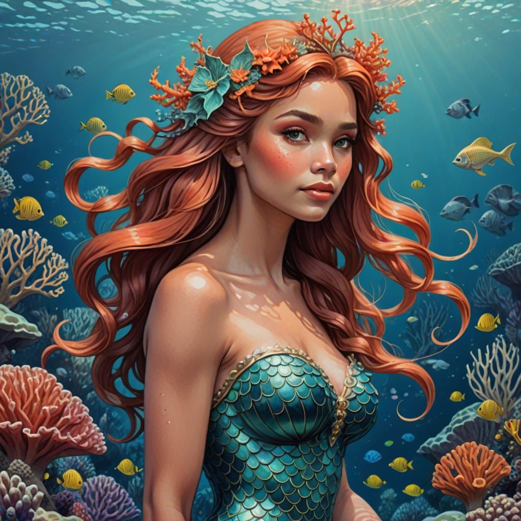 Art Nouveau Mermaid at Coral Reef Portrait