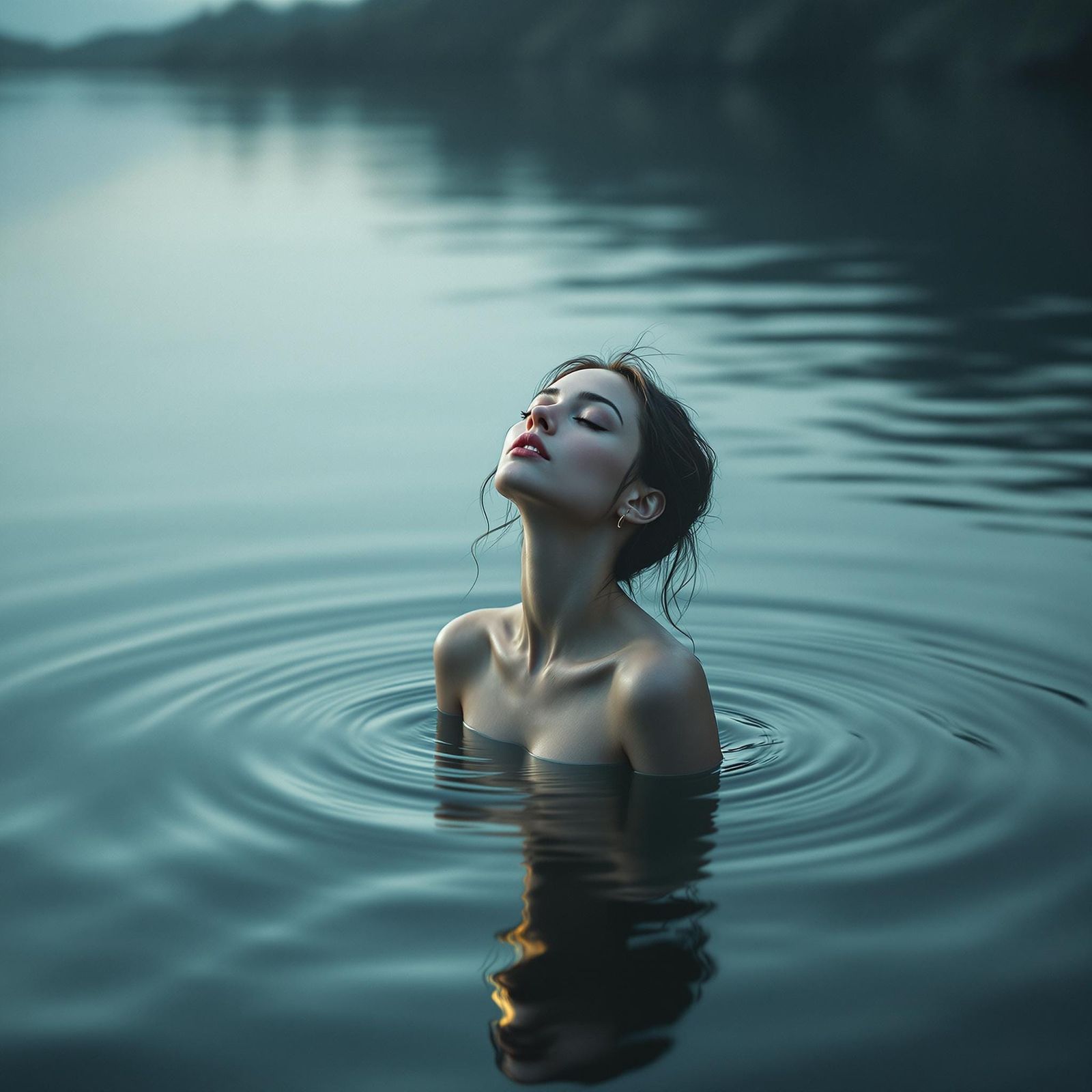 Serene Woman in Contemplation at the Lake's Edge