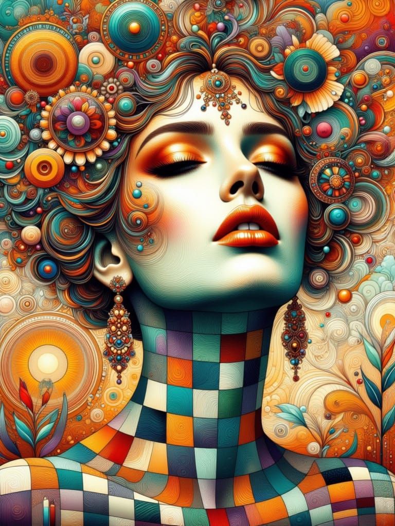 Surreal Woman in Glitch Art Checkerboard Dreamscape