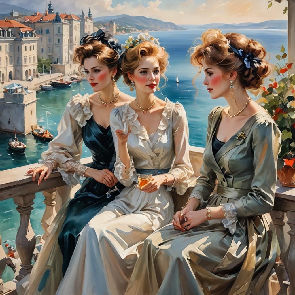 Elegant Ladies Overlooking Black Sea: Romantic Realism Art
