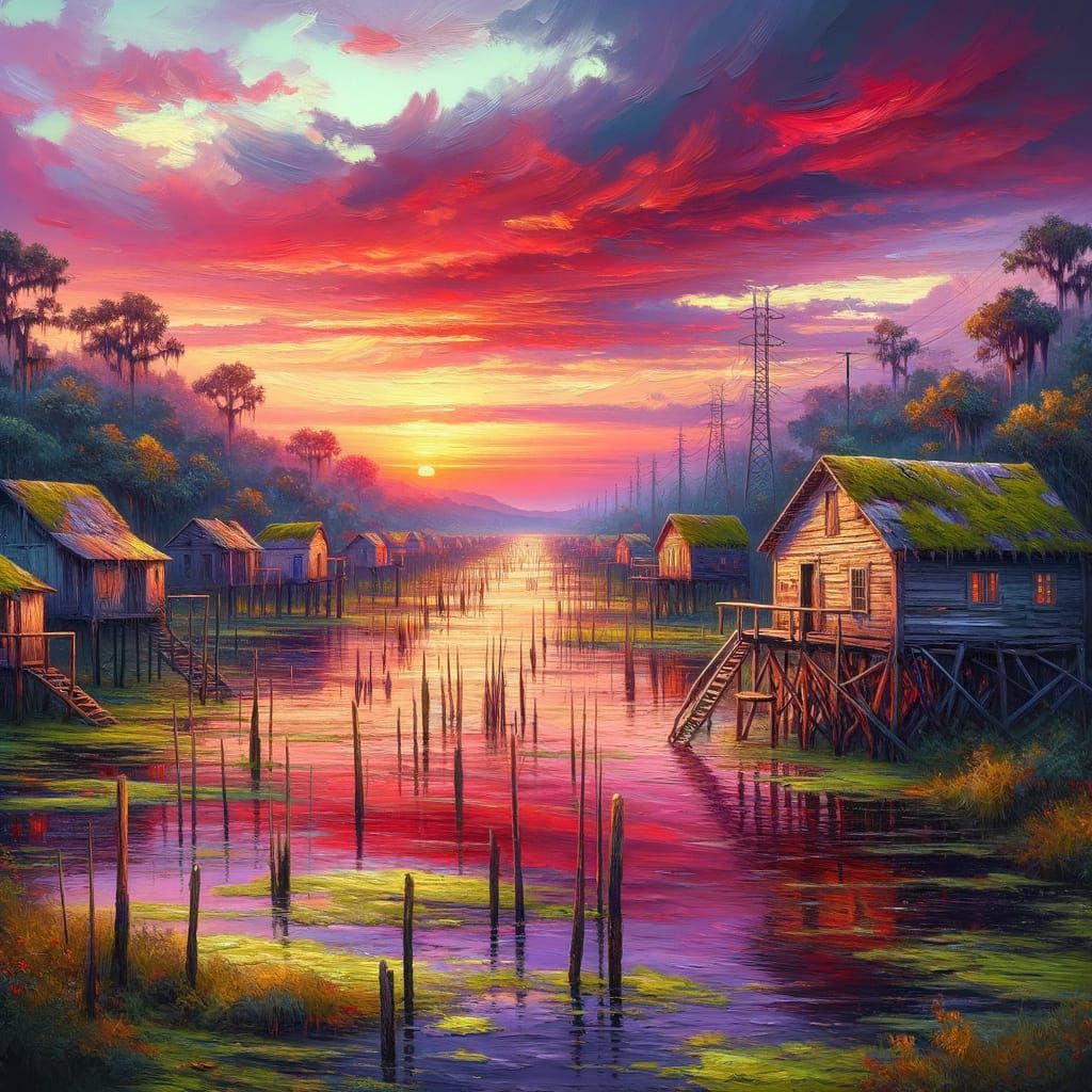 Bayou Sunset Painting with Mossy Huts