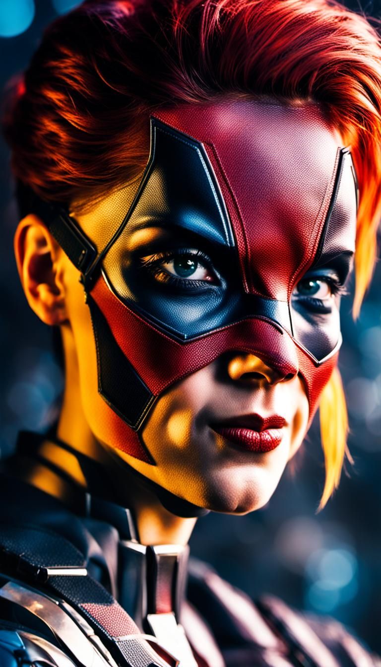 Cinematic, woman looking at cam, smart smiling , wearing marvel X-Men costume, wearing ripped Deadpool mask, dystopian b...