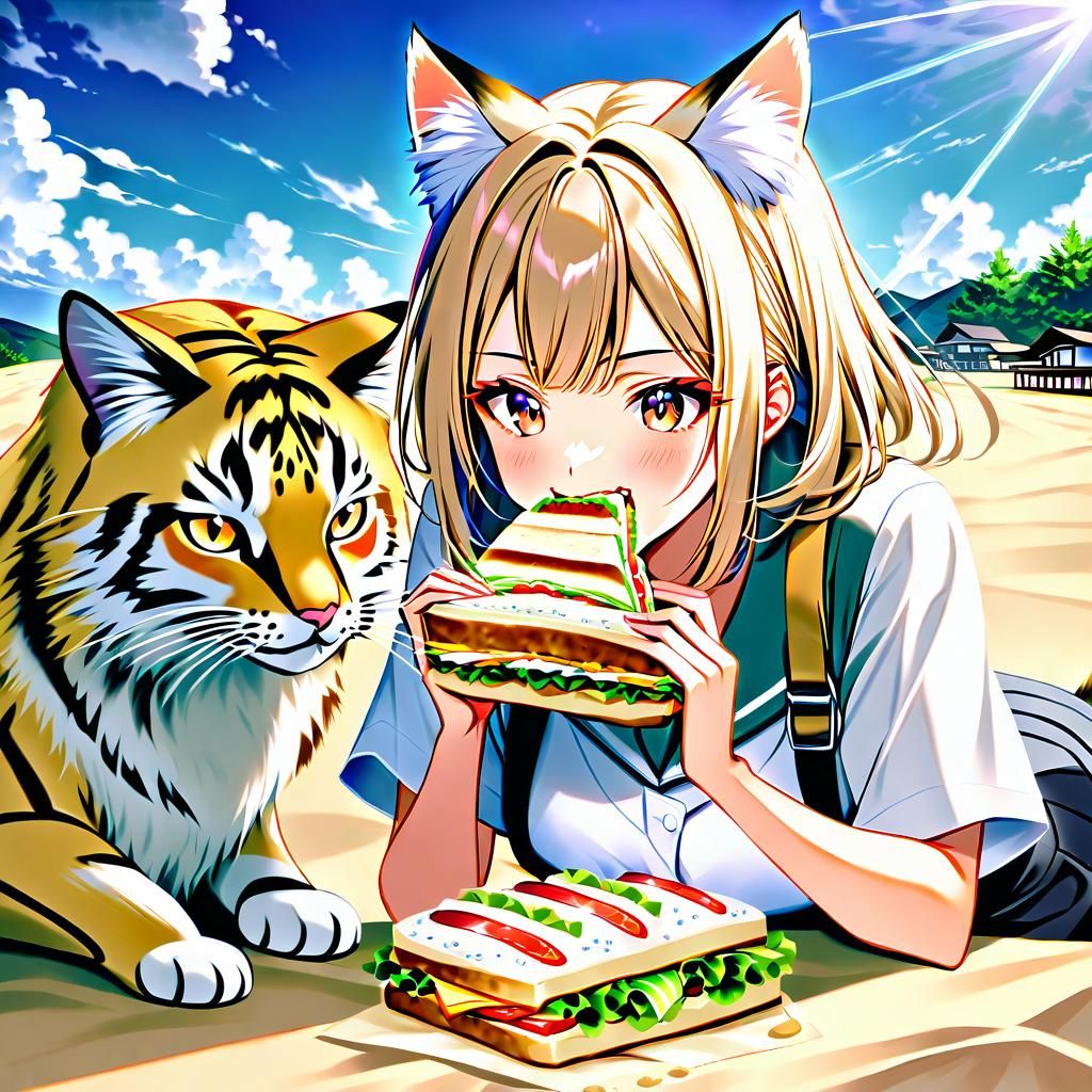 Pretty Japanese woman eating スナネコサンド Sand cat sandwich