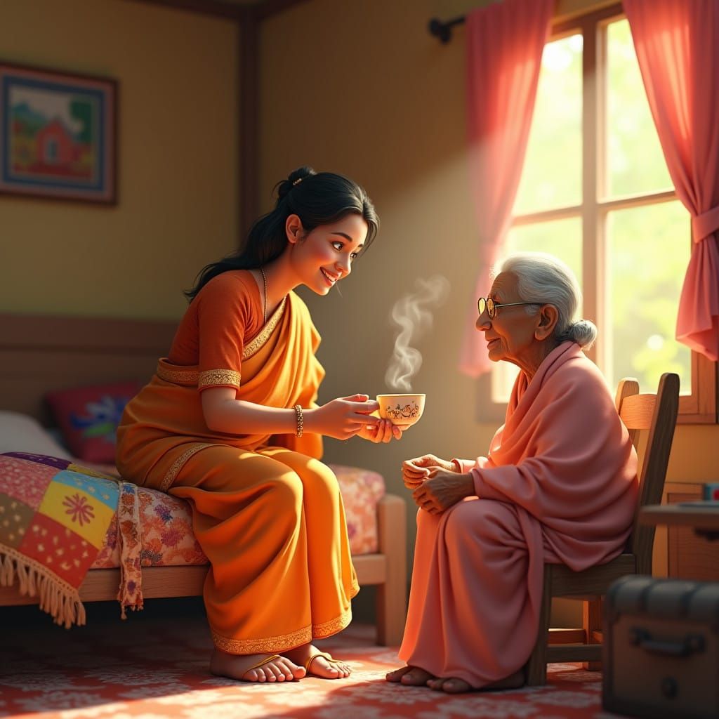 Indian Daughter Serves Elderly Mother Tea in Cozy Rural Home