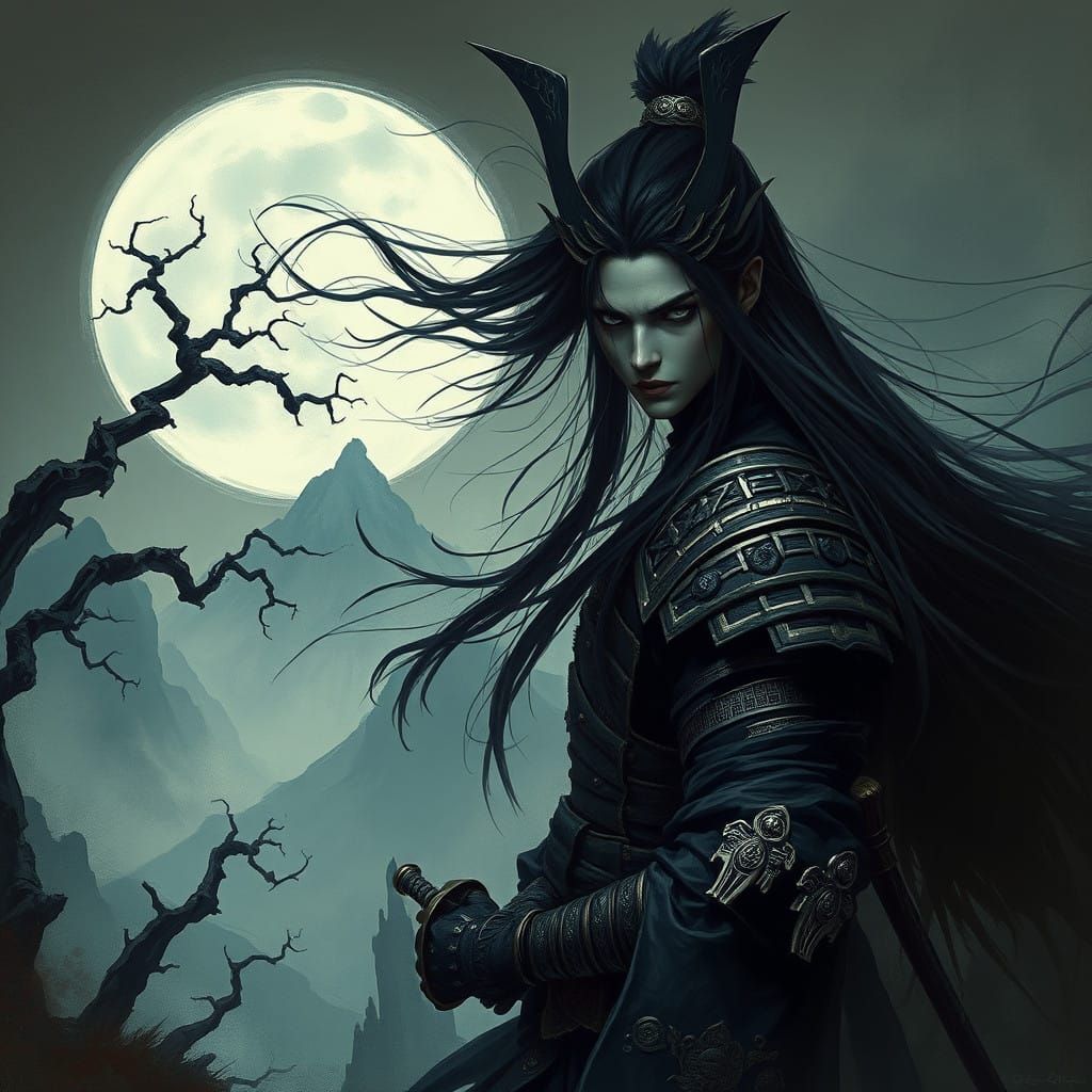 Ethereal Dark Samurai Warrior in Moonlit Japanese Landscape