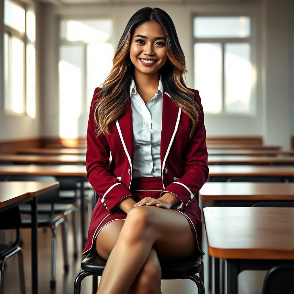 Confident Thai Woman in Burgundy Blazer, Photo-Realistic Por...