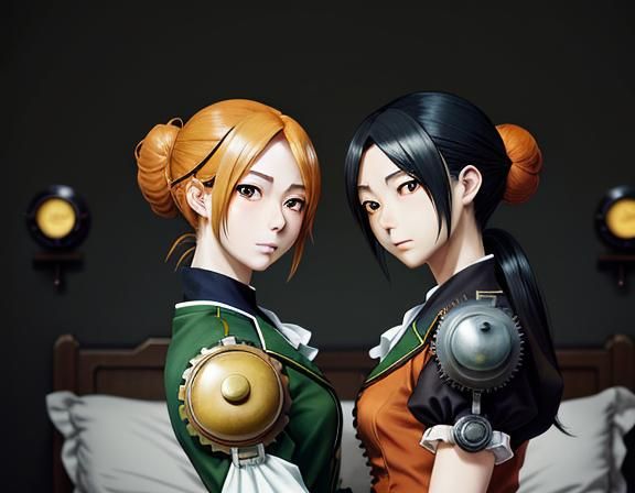 Kemono Twin Sisters Kiss in Steampunk Manga Style