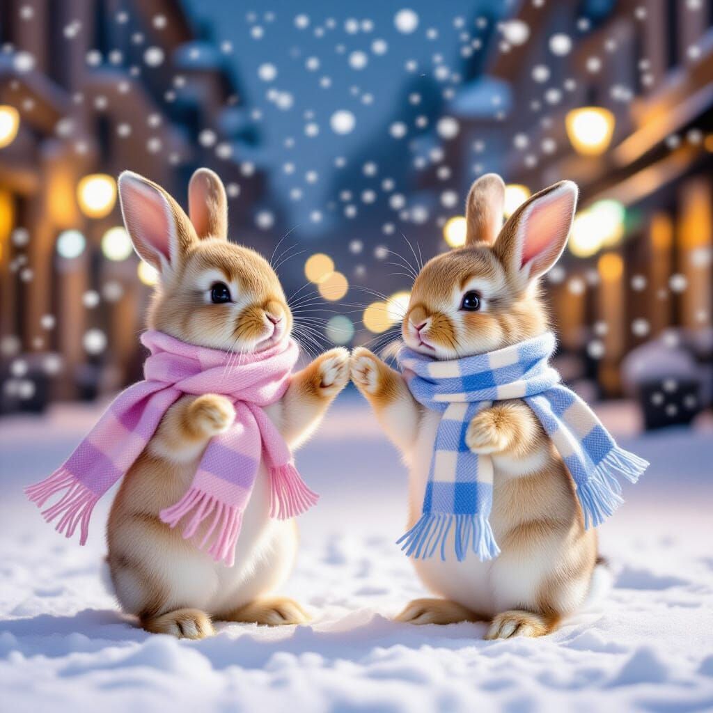 Adorable Bunnies Dancing in Snowy French City