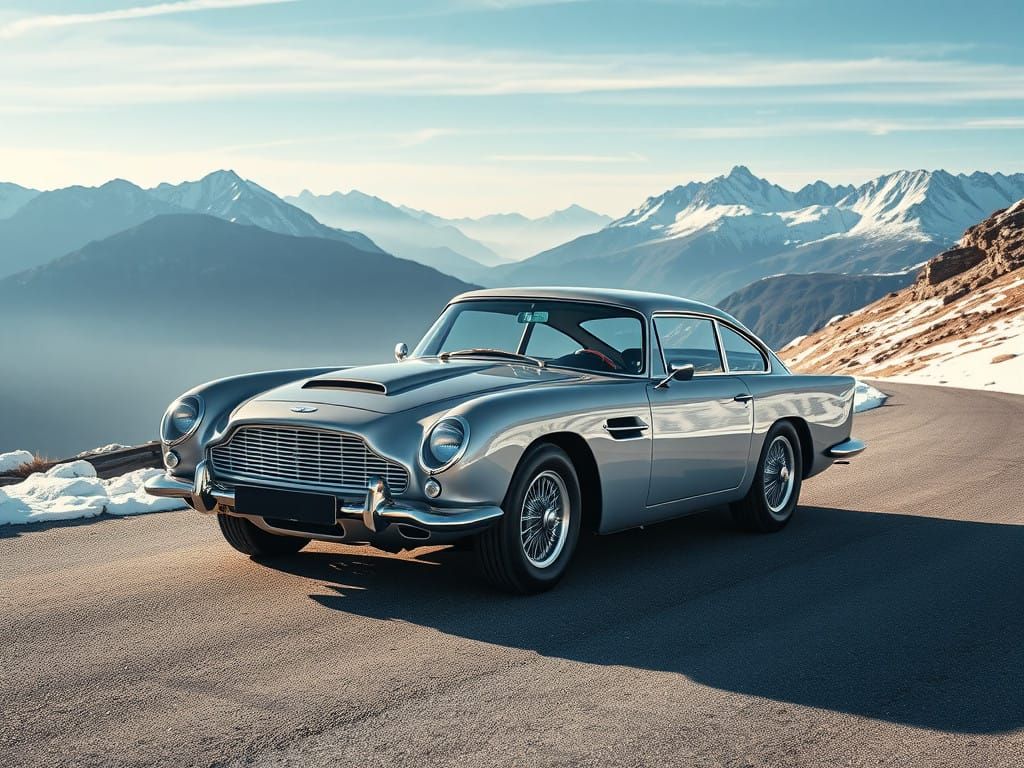 Sleek Aston Martin DB5 Parked on Furka Pass with Majestic Mo...