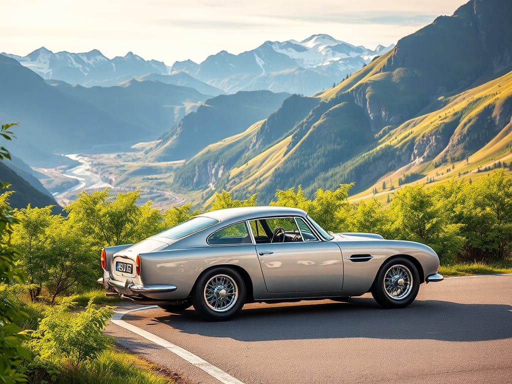 Aston Martin DB5 Silhouetted Against Majestic Swiss Mountain...