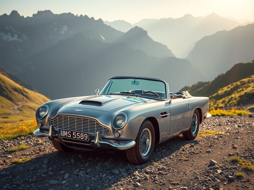 Vintage Luxury Car Amidst Majestic Mountain Peaks