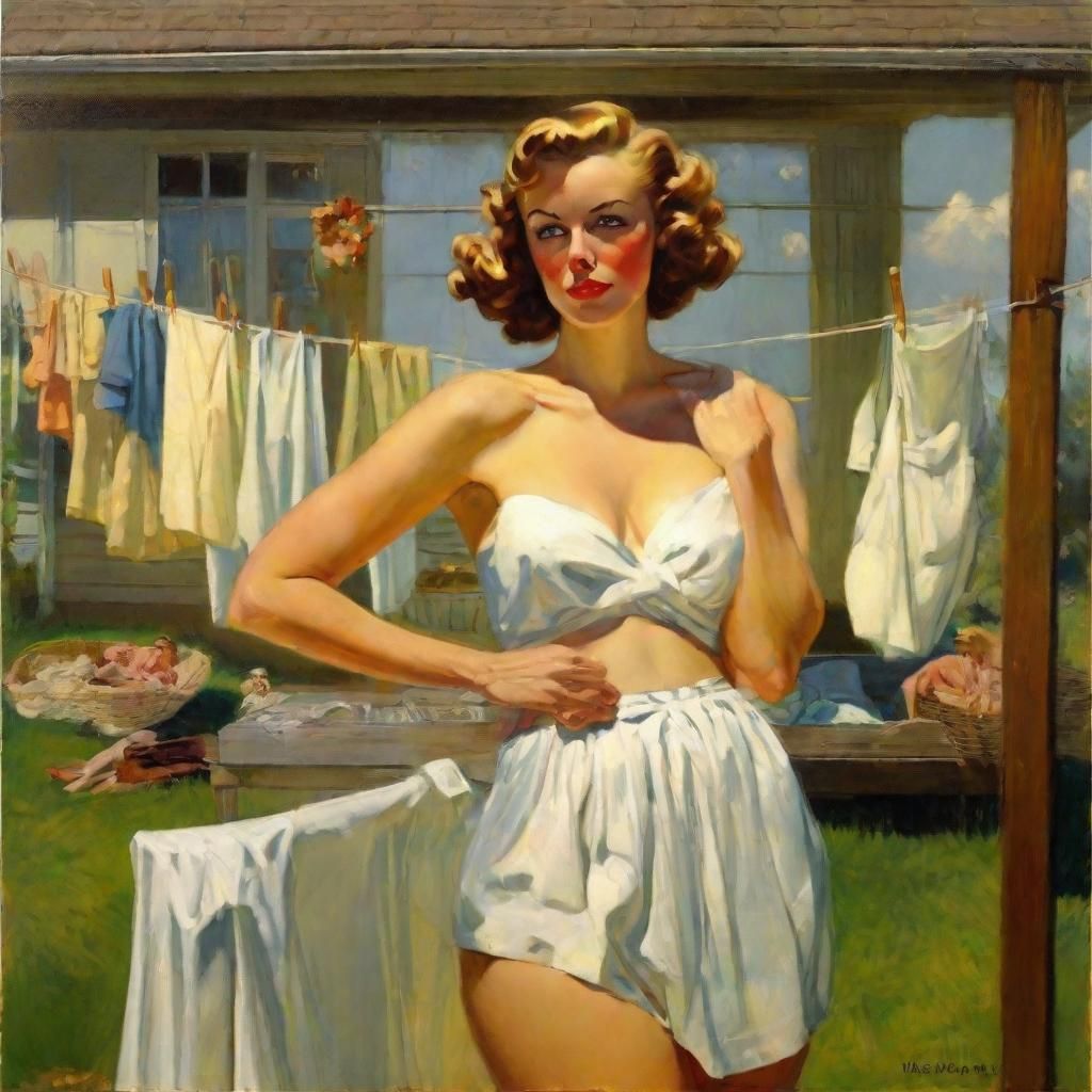 Retro Nude Women Hanging Laundry in Rockwell Style
