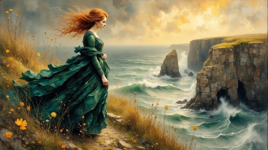 Irish Woman on Cliffs of Moher in Romantic Style