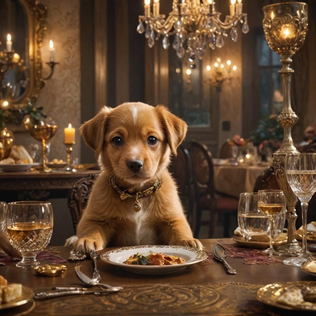 Puppy's Fine Dining Experience in Whimsical Fantasy Art