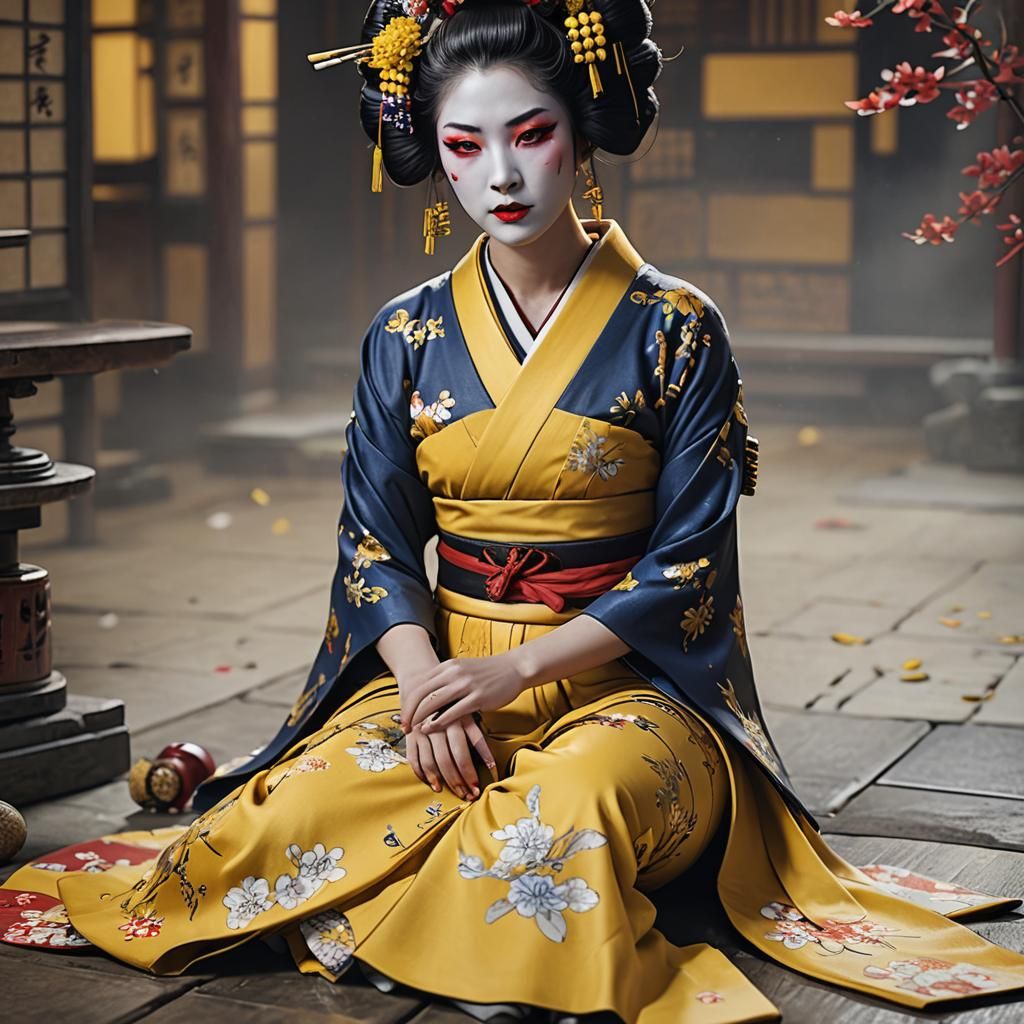 Geisha in Yellow Outfit: Detailed Digital Art