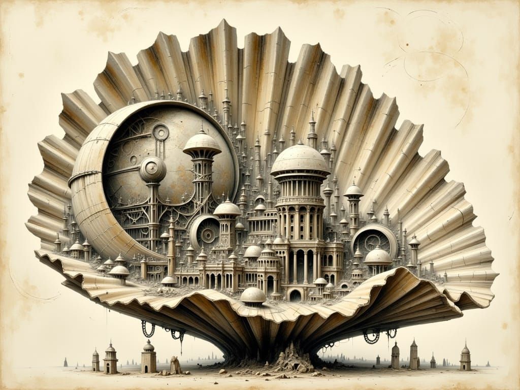 Steampunk Clockwork City Inside Gigantic Scallop Shell