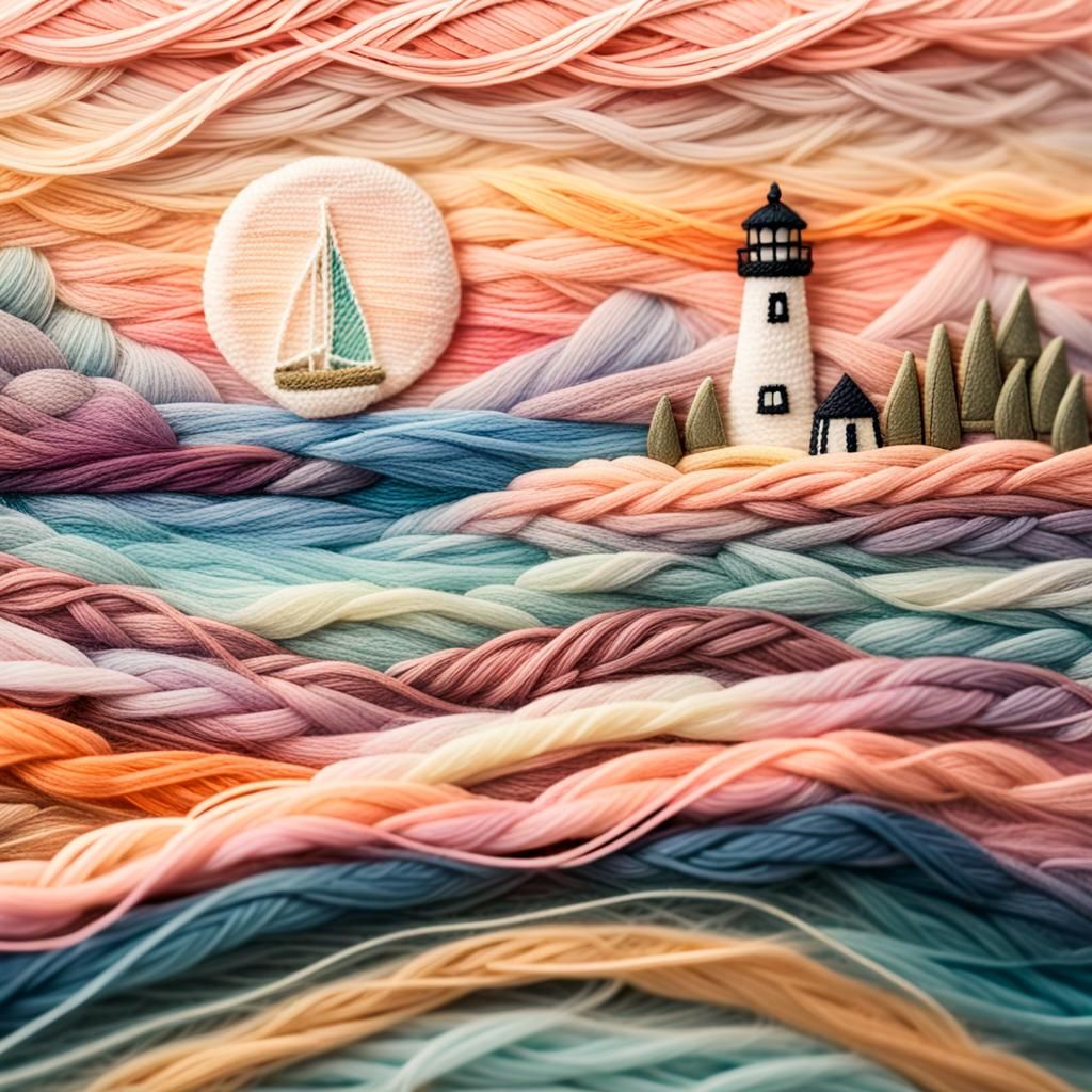 Fiber Art Seascape with Lighthouse at Sunset