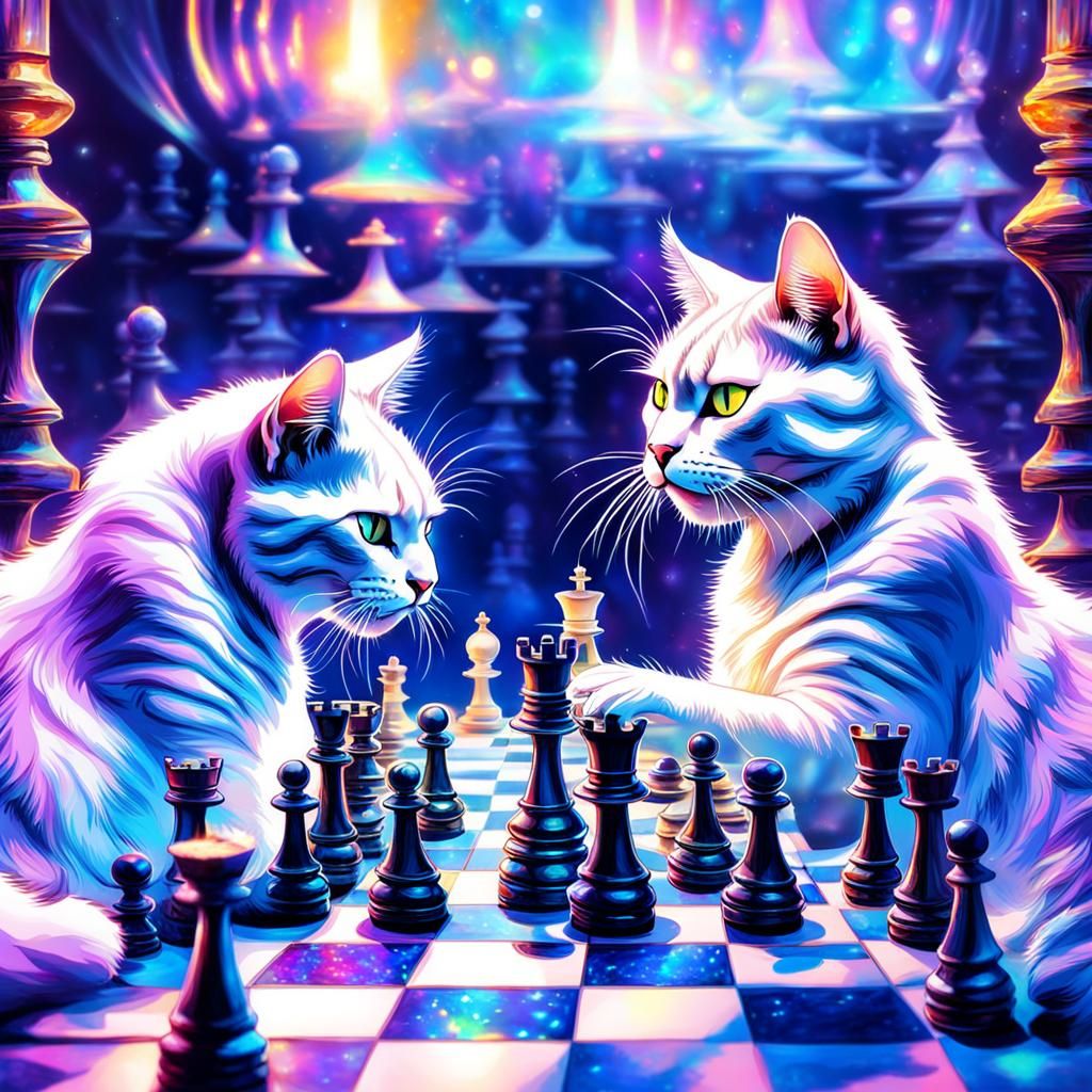 Cats Playing Chess in Holographic Astral Style