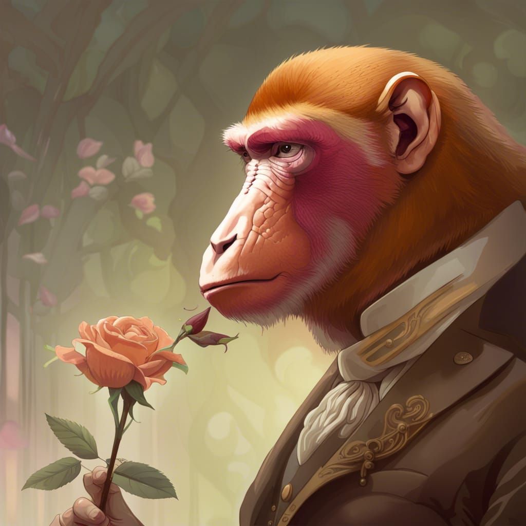 Victorian Monkey Sniffs Rose: Steampunk Portrait
