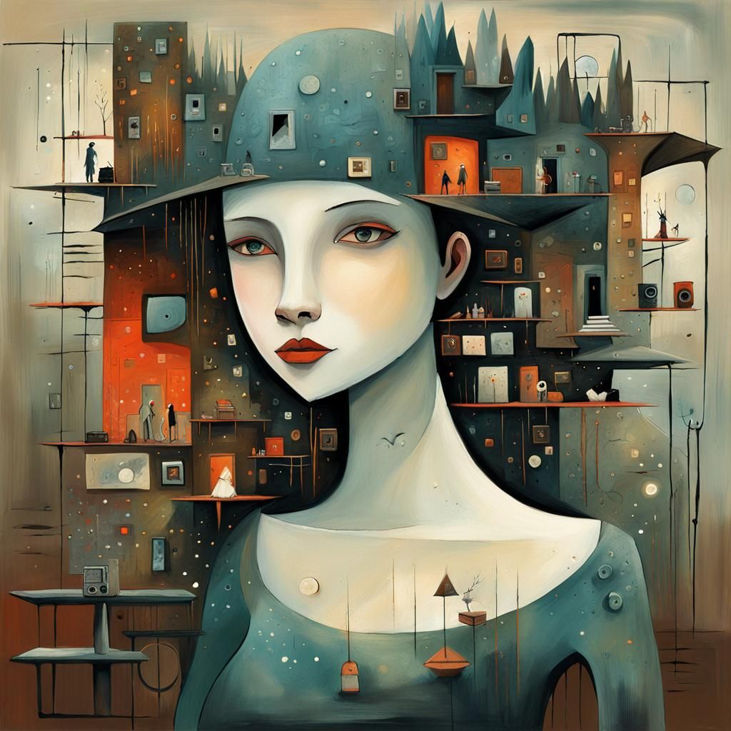 Woman in Dreamscape Mugshot in Art Brut Style