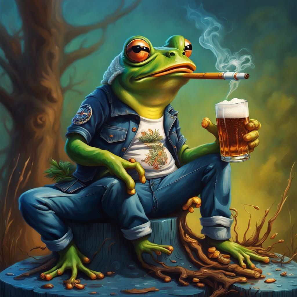 Hyperrealistic Frog Smoking and Drinking Beer