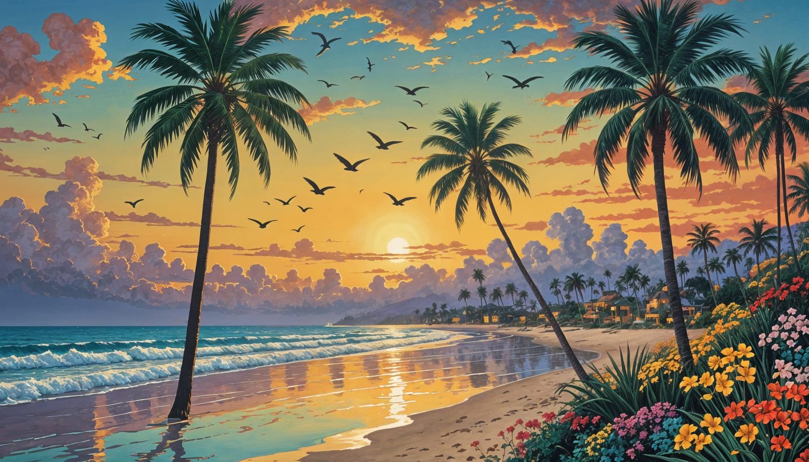 Vibrant Beach Sunset with Palms and Colorful Birds