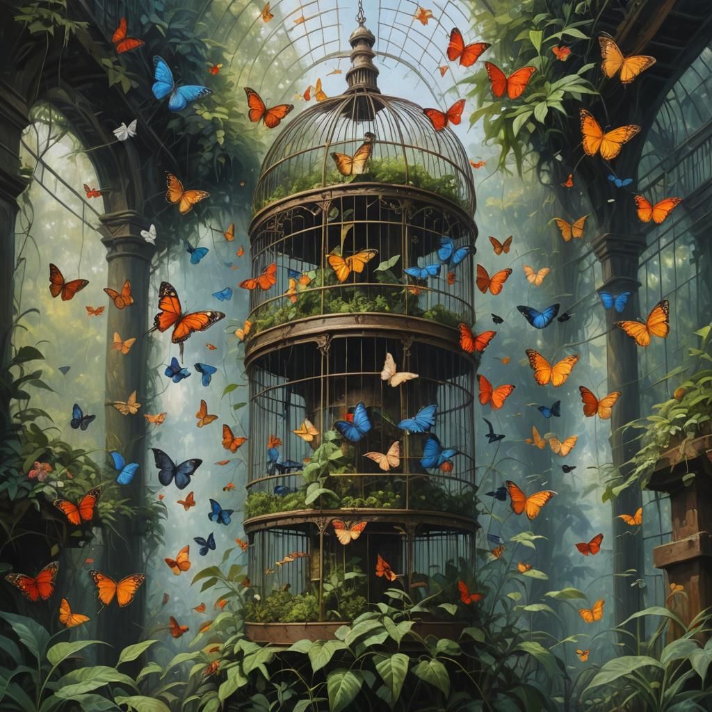 Butterflies in Birdcage, Oil Painting