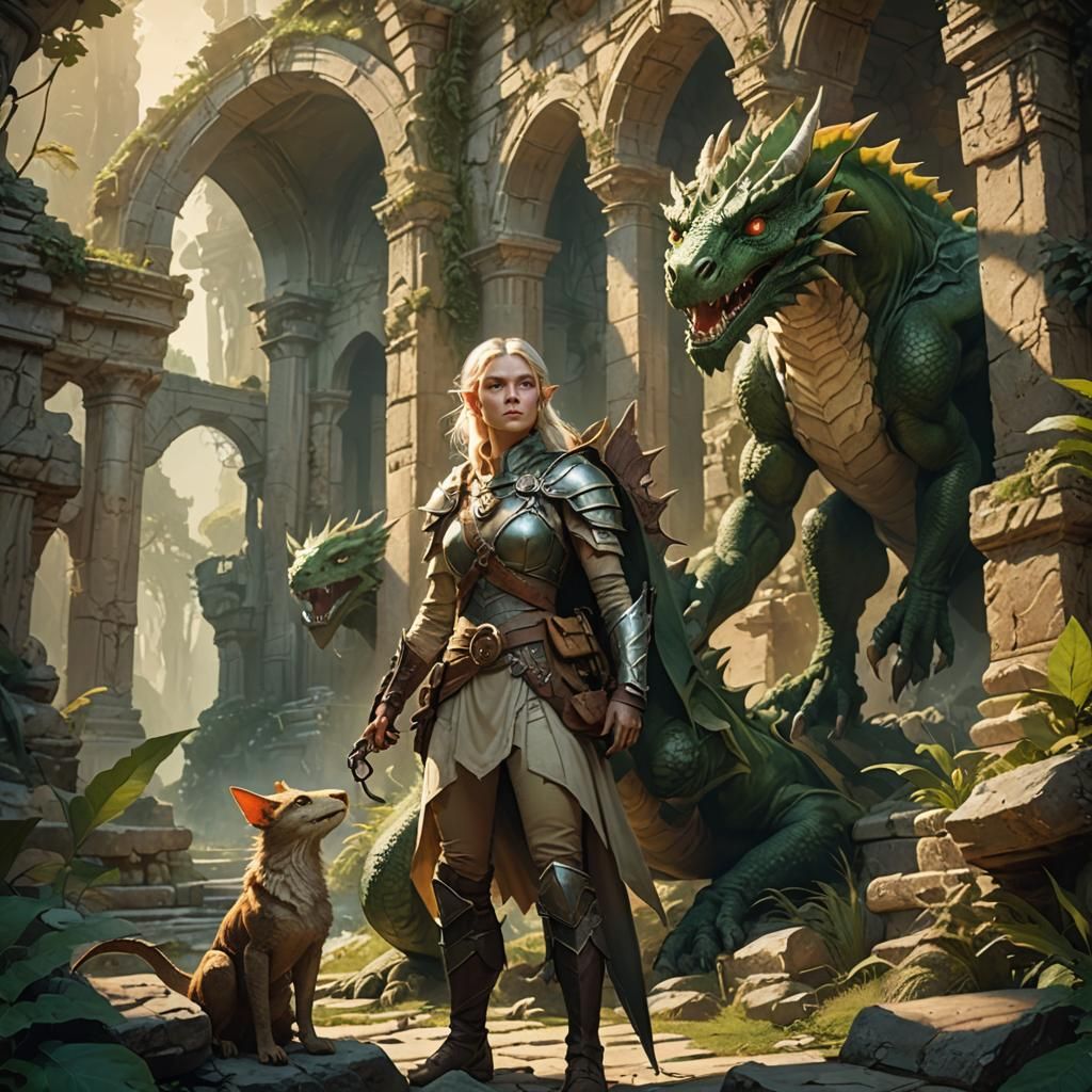 Elven Explorer and Dragon in Ancient Ruins