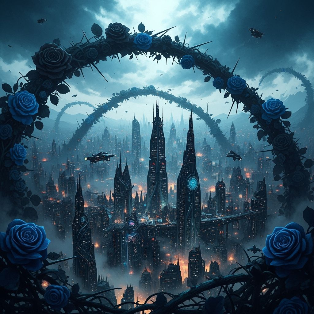 Futuristic Cityscape with Giant Rose Vines