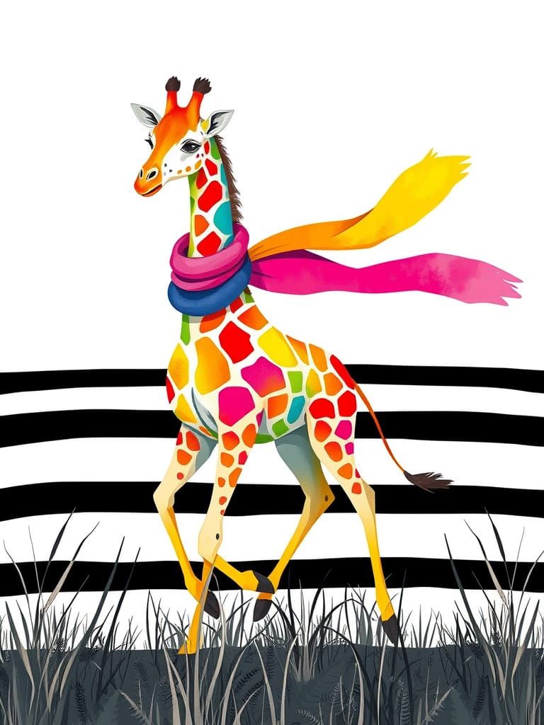 Portrait of a rainbow coloured Giraffe in Black white field
