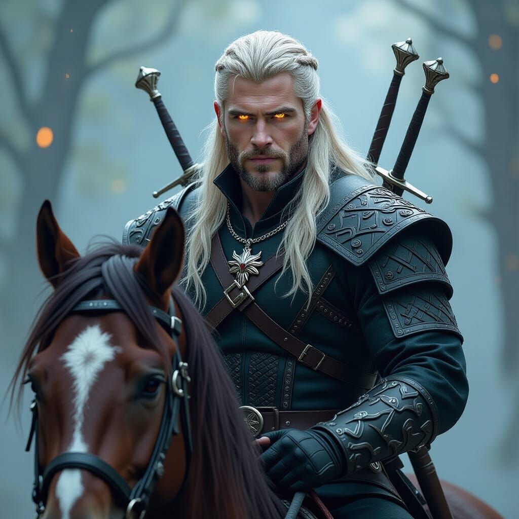 Geralt of Rivia on Roach in Dark Fantasy Style